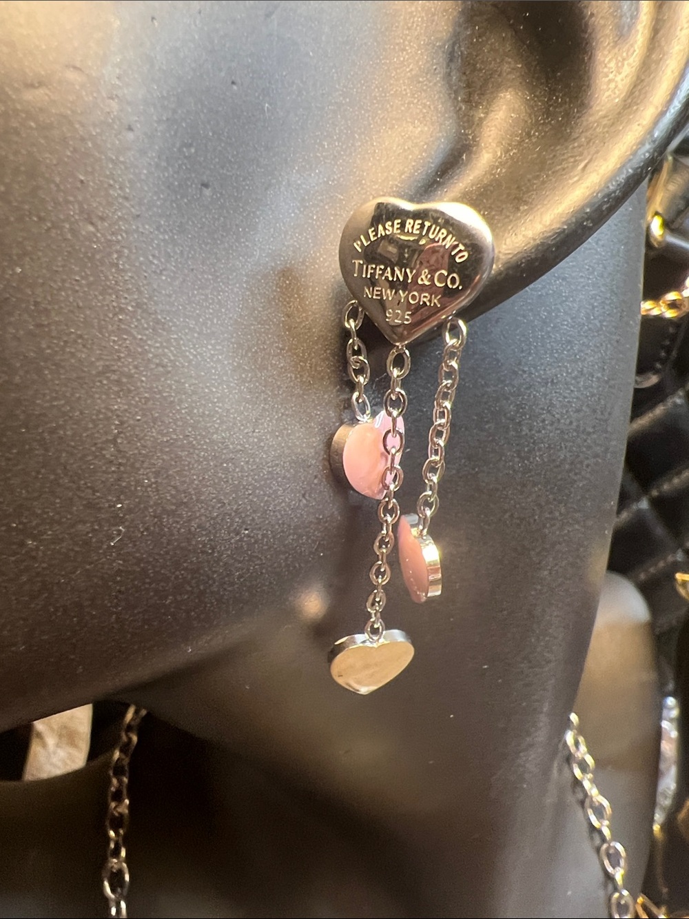 Silver Hearts with Heart Drop Dangles Charms in Silver and Pink Enamel - Picture 3 of 6